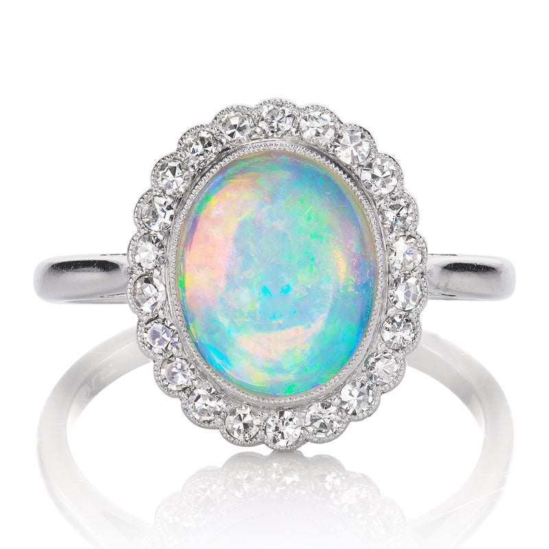 Vintage Opal and Diamond Halo Engagement Ring