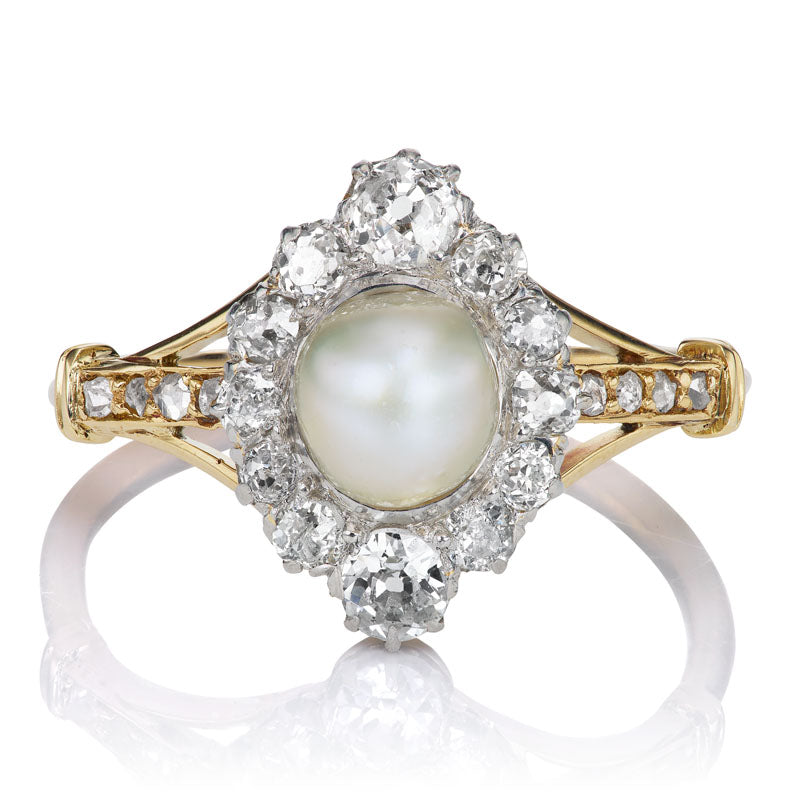 Antique Pearl and Old Mine Cut Diamond Cluster Ring