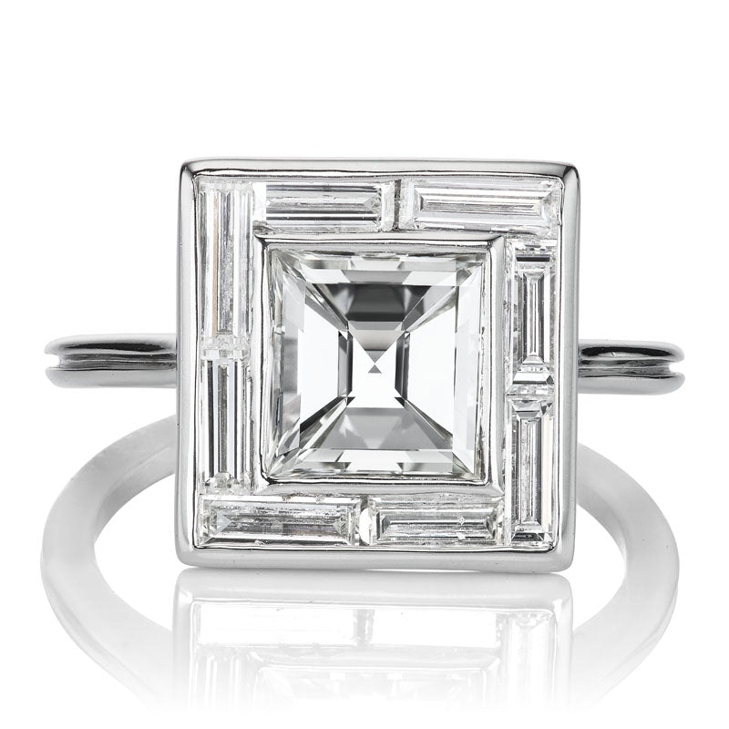 Carré Cut Diamond Ring with Unique  Baguette Halo