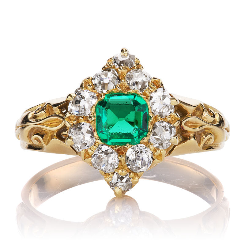 Vintage Asscher Cut Emerald and Diamond Cluster Ring