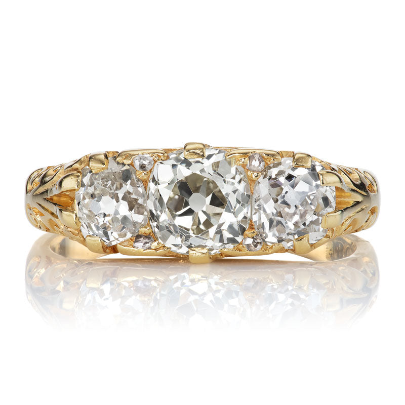 Authentic Vintage Carved Shank Half Hoop with 3 Old Mine Cut Diamonds