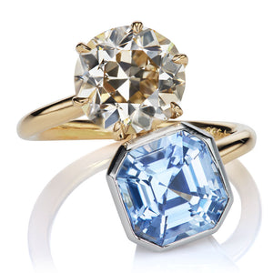 Champagne Diamond + Asscher Cut Sapphire Toi et Moi Ring