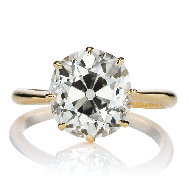 4.05ct Elongated Old Mine Cut Diamond in 8 prong Yellow Gold Setting Andria Barboné Jewelry