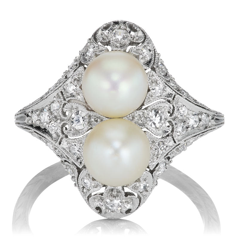 Antique Pearl Toi et Moi Ring with Diamonds
