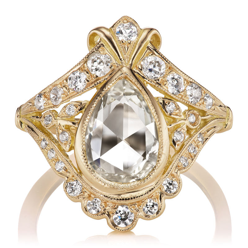 Unique 1.53ct Pear Cut Diamond Engagement Ring in Detailed Setting