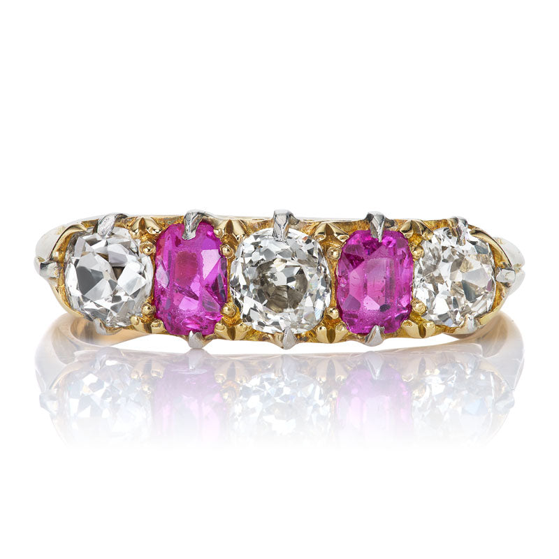 Victorian Era Diamond and Ruby Half Hoop Ring in 18kt Yellow Gold