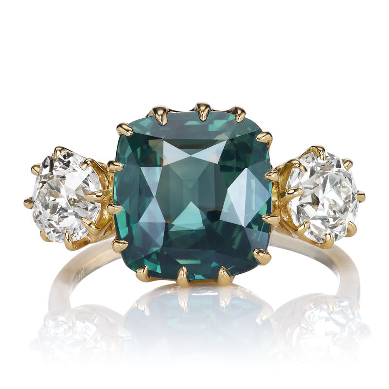 5.24ct Blueish Green Sapphire + Diamond Three Stone Ring