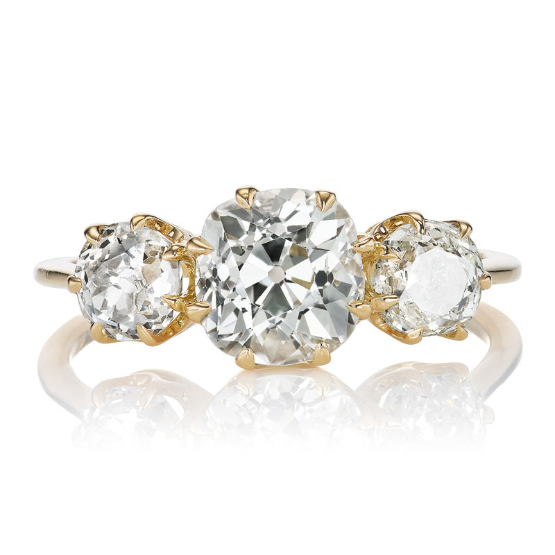 3 Stone Old Mine Cut Engagement Ring in Yellow Gold Setting
