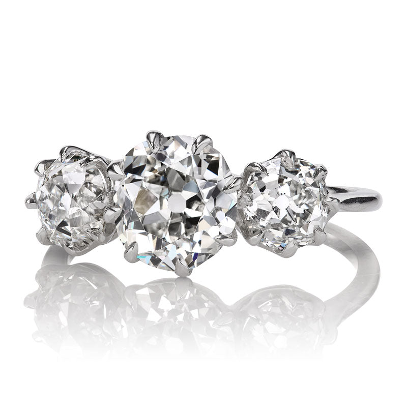 Platinum Three Stone Old Mine Cut Vintage Engagement Ring
