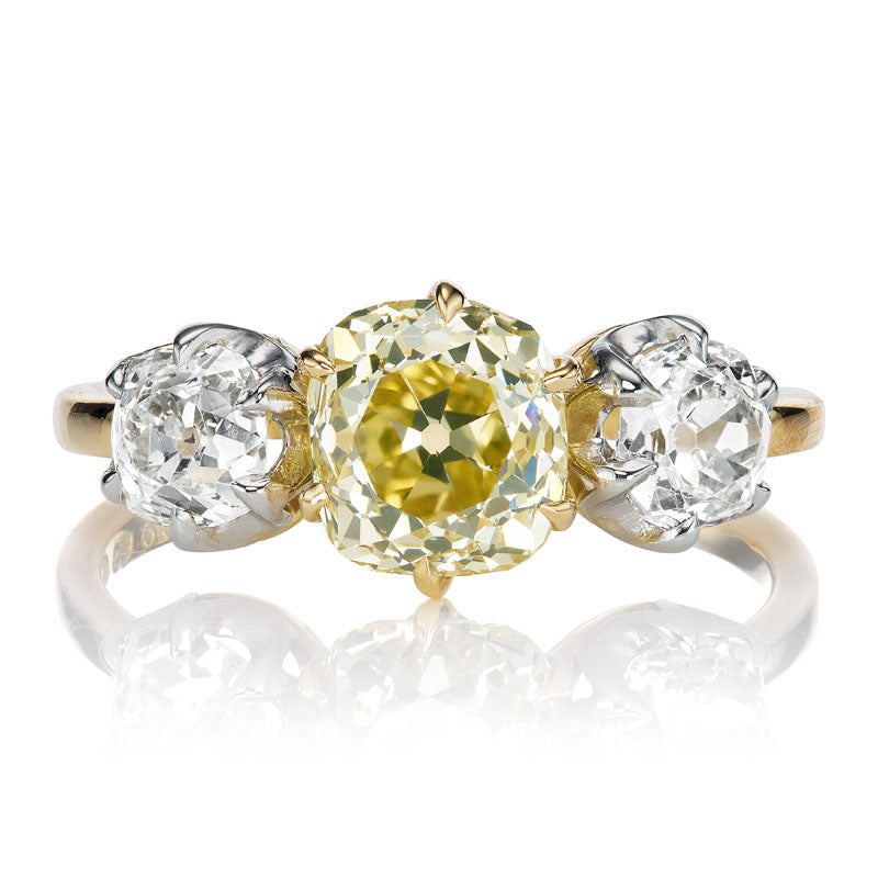Fancy Yellow Old Mine Cut Diamond Three Stone Ring