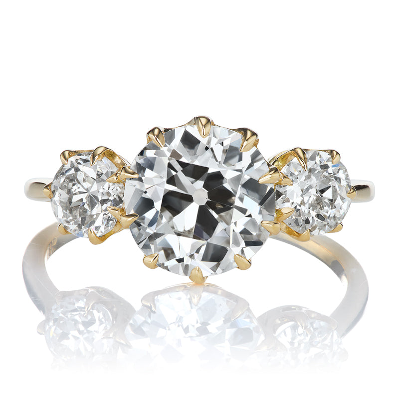 Fiery 2.29ct Old European Cut Diamond Three Stone Engagement Ring