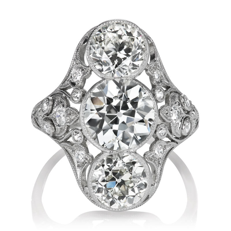 Vintage Platinum Vertical Three Old European Cut Diamond Ring