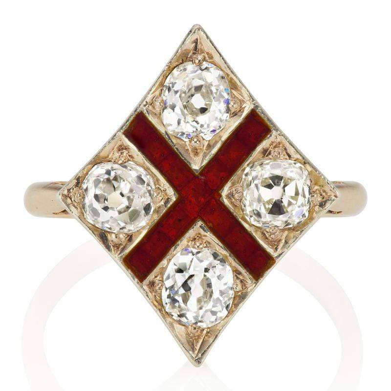 Unique Diamond & Red Enamel Engagement Ring