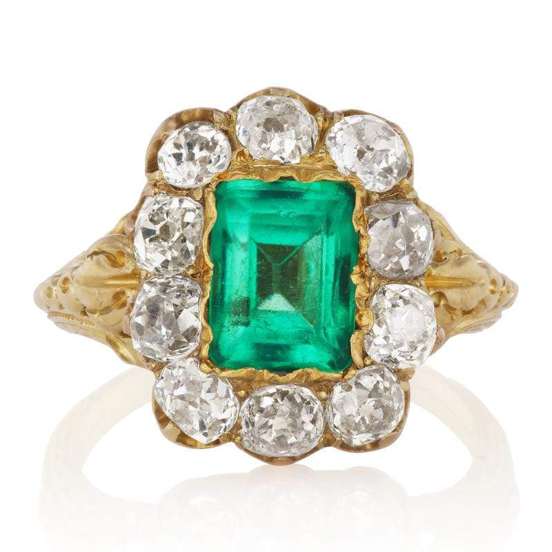 Antique 2 ct Emerald Diamond Halo Engagement Ring