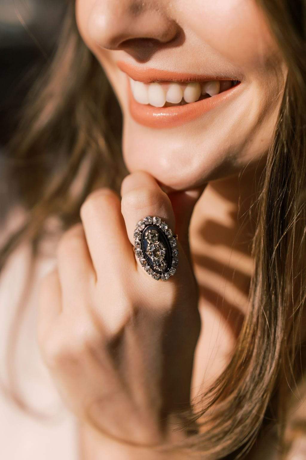 Edwardian Vertical Three Stone Halo Vintage Engagement Ring