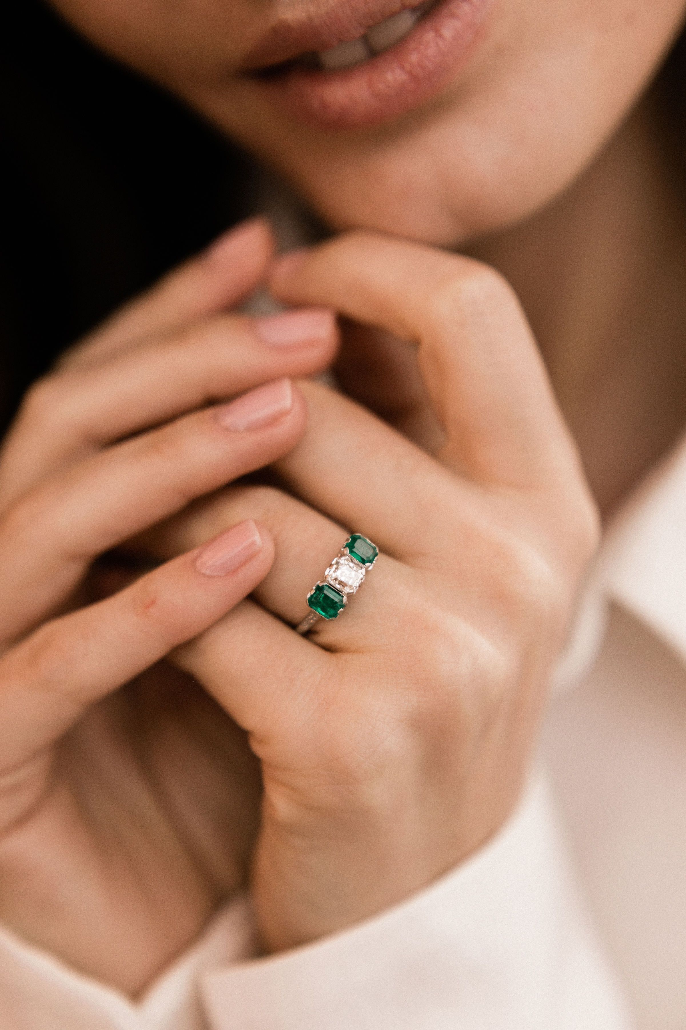 J.E. Caldwell Asscher Cut Diamond Engagement Ring With Emeralds