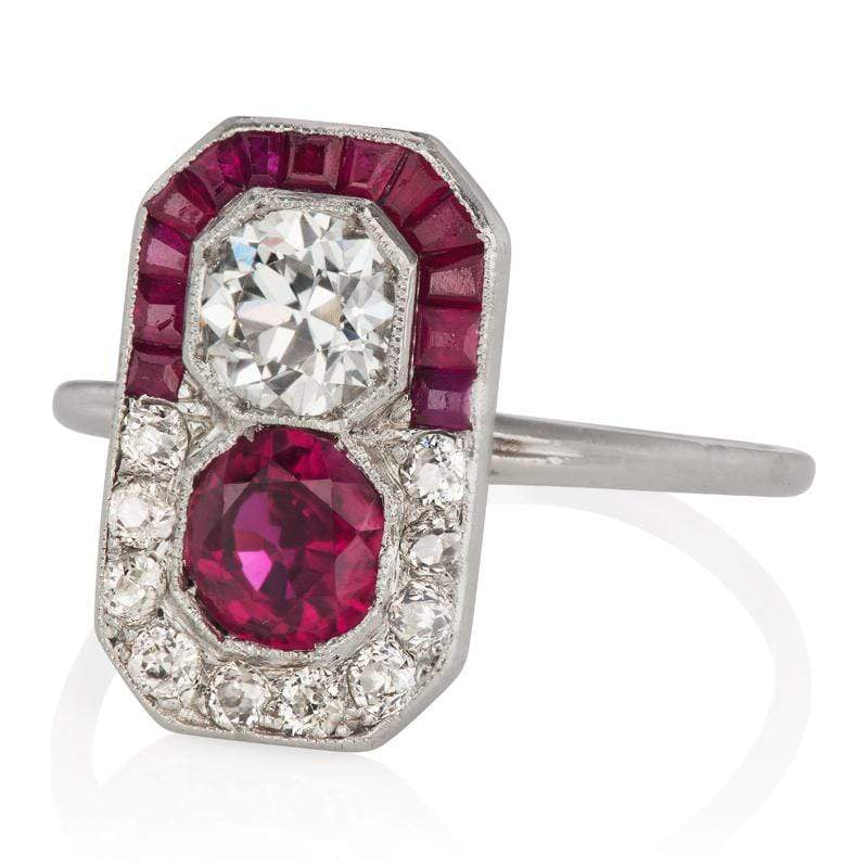Unique Toi et Moi Diamond & Ruby Halo Vintage Engagement Ring