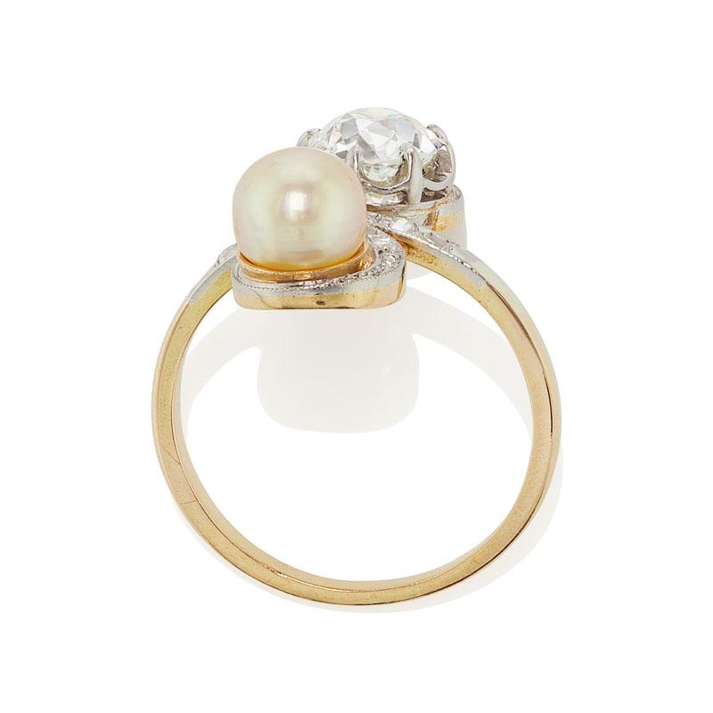 Vintage Edwardian Pearl + Diamond Toi et Moi Engagement Ring