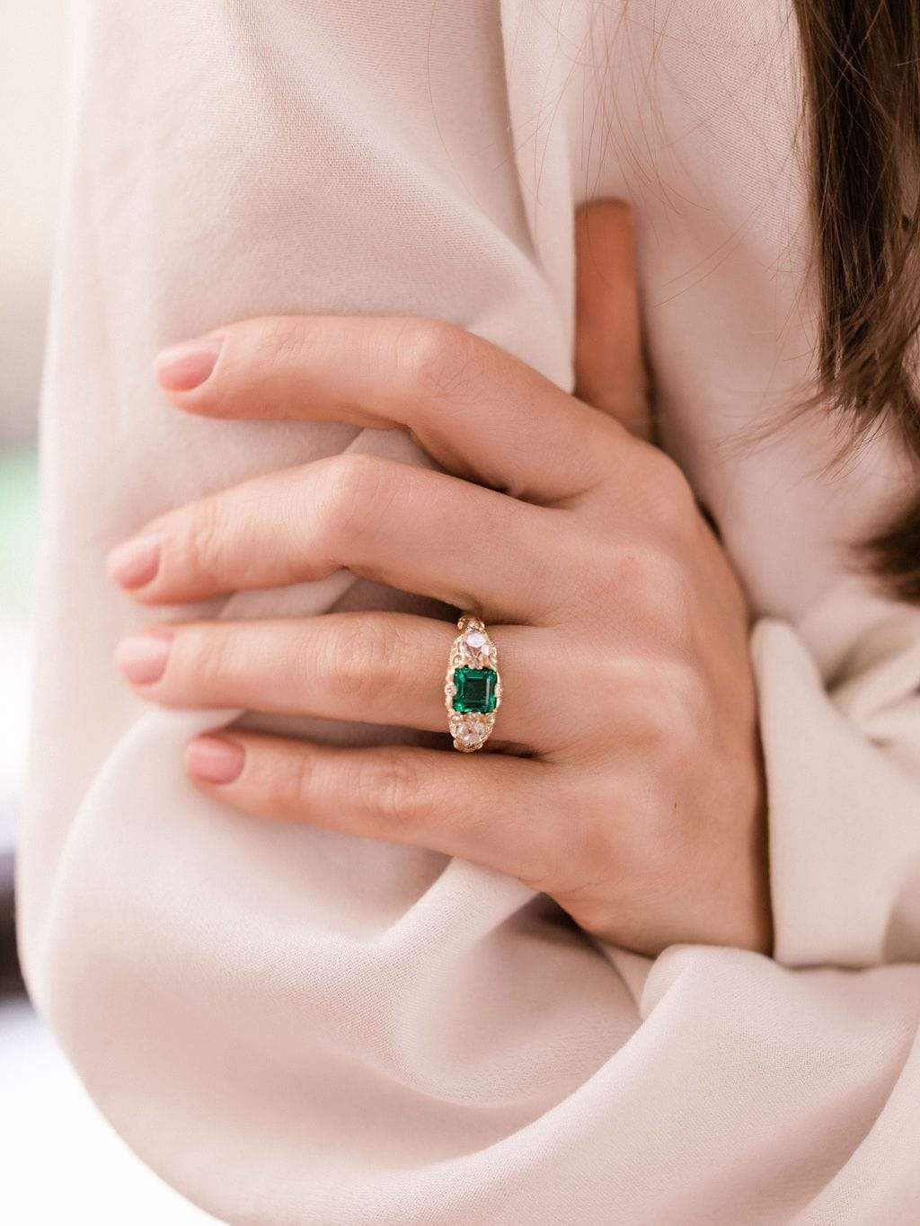 Low Profile Emerald & Diamond Engagement Ring