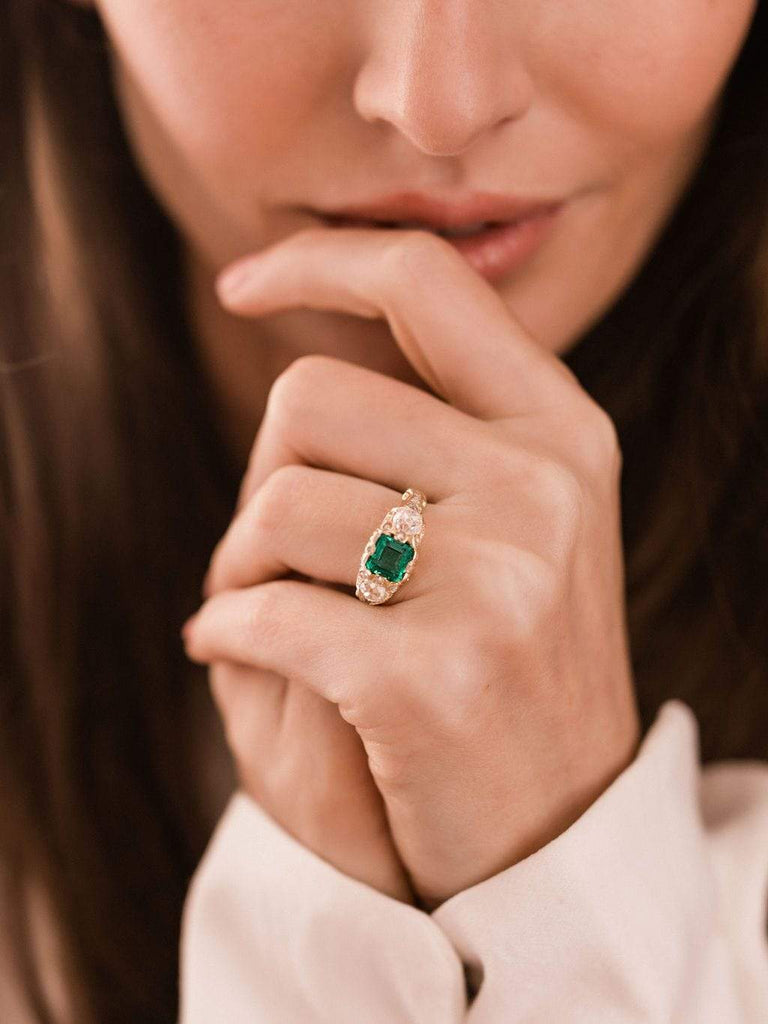 Low Profile Emerald & Diamond Engagement Ring