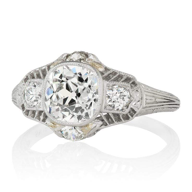 Old Mine Cut Vintage Engagement Ring With Bezel Set Side Stones