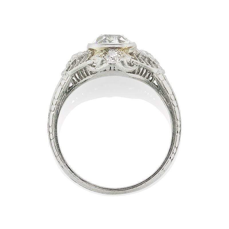 Old Mine Cut Vintage Engagement Ring With Bezel Set Side Stones